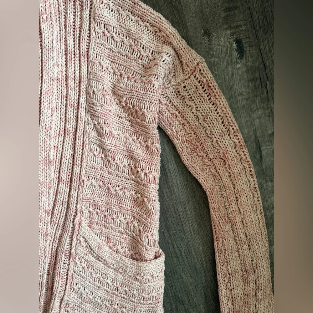 Free People Open Front Knit Cardigan Sweater Size M Pink Cream Boho Casual - Picture 5 of 9